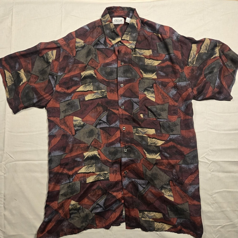 Vtg Mens Cezar 100% Silk Button Up Size Large